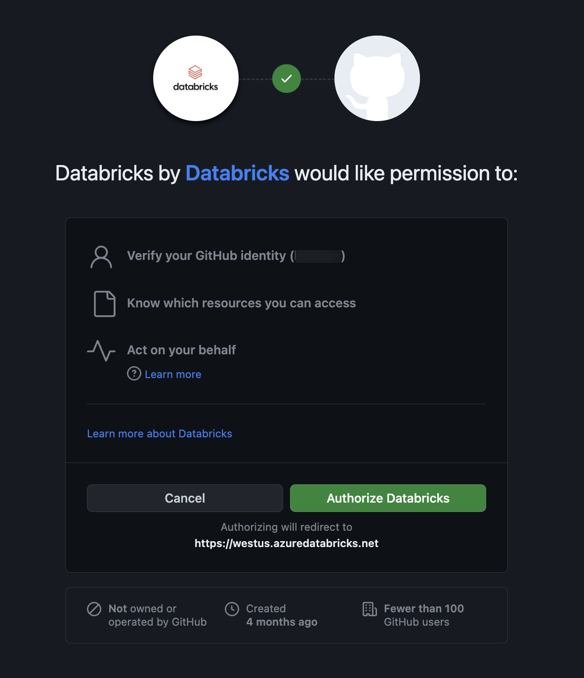 Databricks GitHub アプリの認可ページ