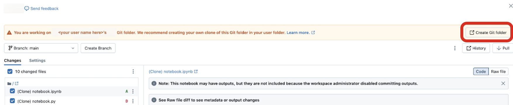 バナーの [Git フォルダーへのリンクのコピー] をクリックして、そのフォルダーの Git リポジトリ構成を Databricks 組織内の別のユーザーと共有します