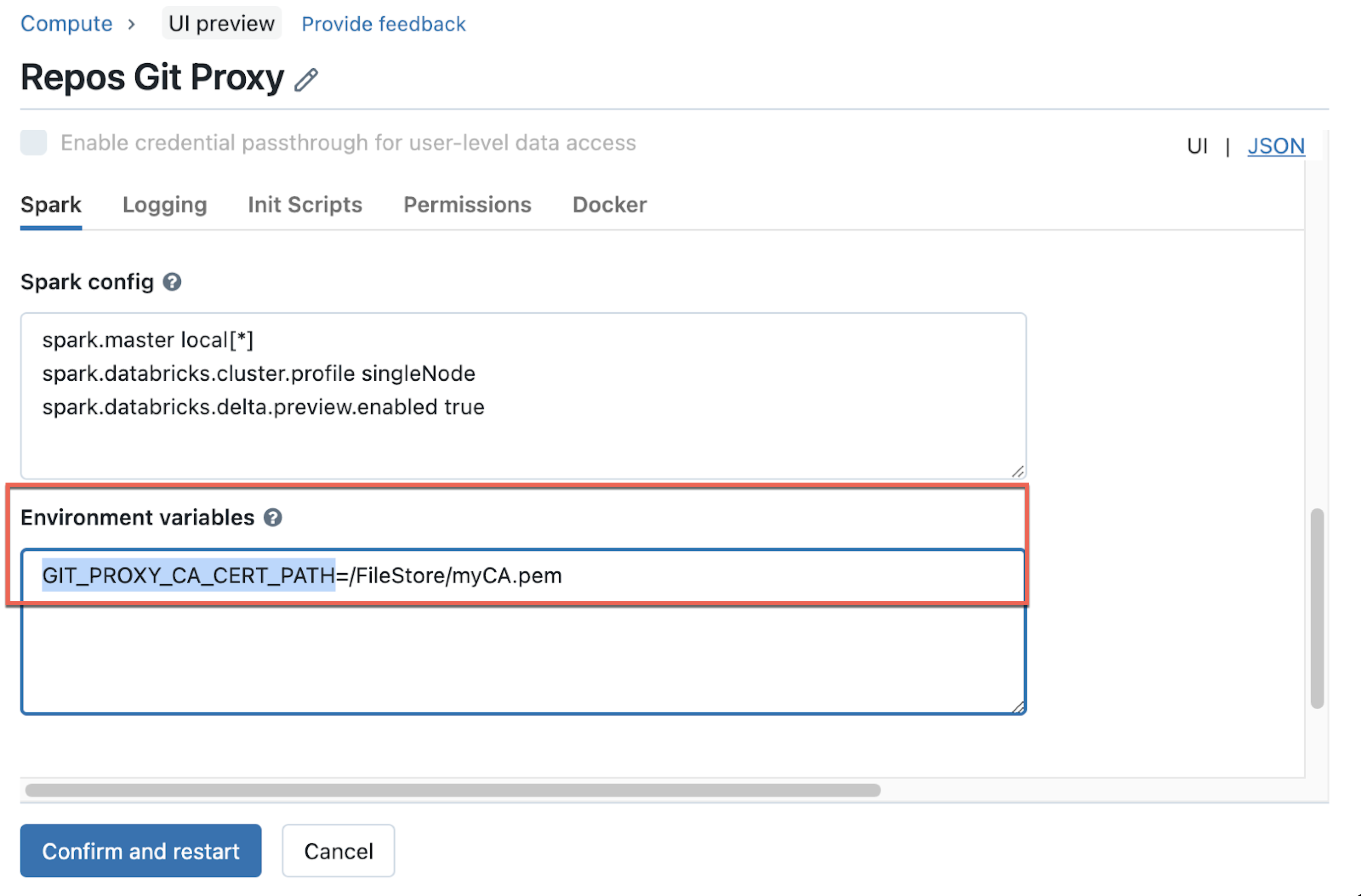 Git プロキシの環境変数を設定する Databricks モーダル ダイアログ