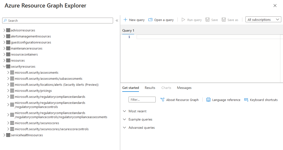 Azure Resource Graph エクスプローラーと利用可能なテーブル。