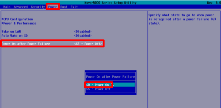 Screenshot of setting your Nuvo 5006 to power on after a power failure.