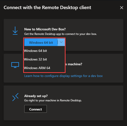 Windows リモート デスクトップ クライアントのプラットフォーム構成を選択する方法を示すスクリーンショット。