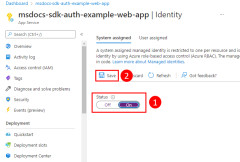 リソースの [ID] ページで Azure リソースのマネージド ID を有効にする方法を示すスクリーンショット。