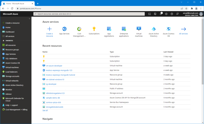 Azure portal を示すスクリーンショット。