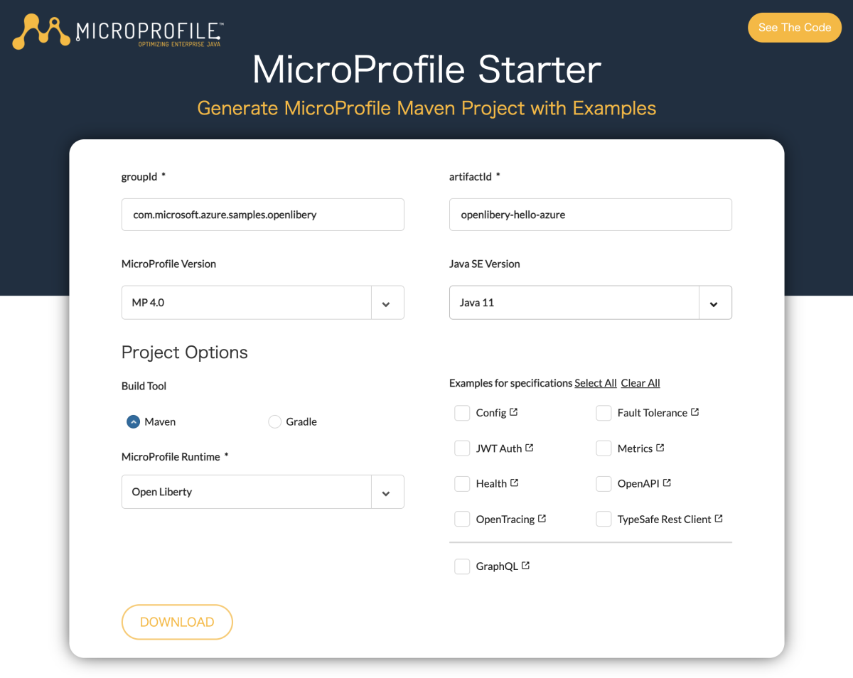 Open Liberty ランタイムが選択された MicroProfile Starter を示すスクリーンショット。