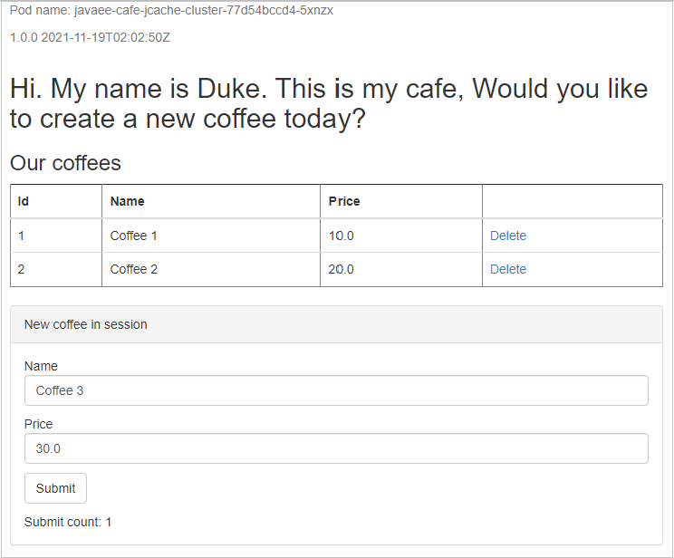 アプリケーションのセッションで作成および永続化された新しいコーヒーを示すサンプル アプリケーションのスクリーンショット。
