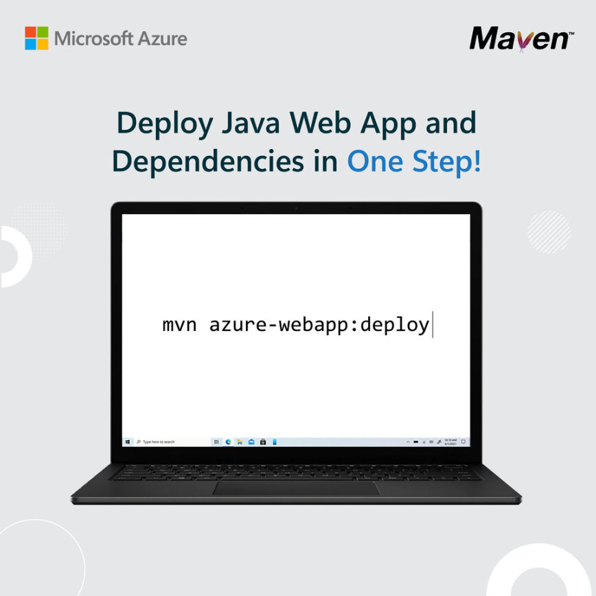「mvn azure-webapp:deploy」というテキストと「Java Web アプリと依存関係のデプロイ」という見出しが表示されたノート PC 画面を示す図。