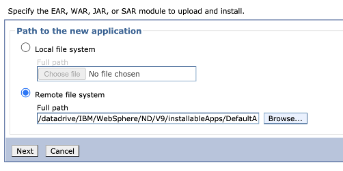 アップロードおよびインストールするモジュールを指定するための IBM WebSphere ダイアログのスクリーンショット。