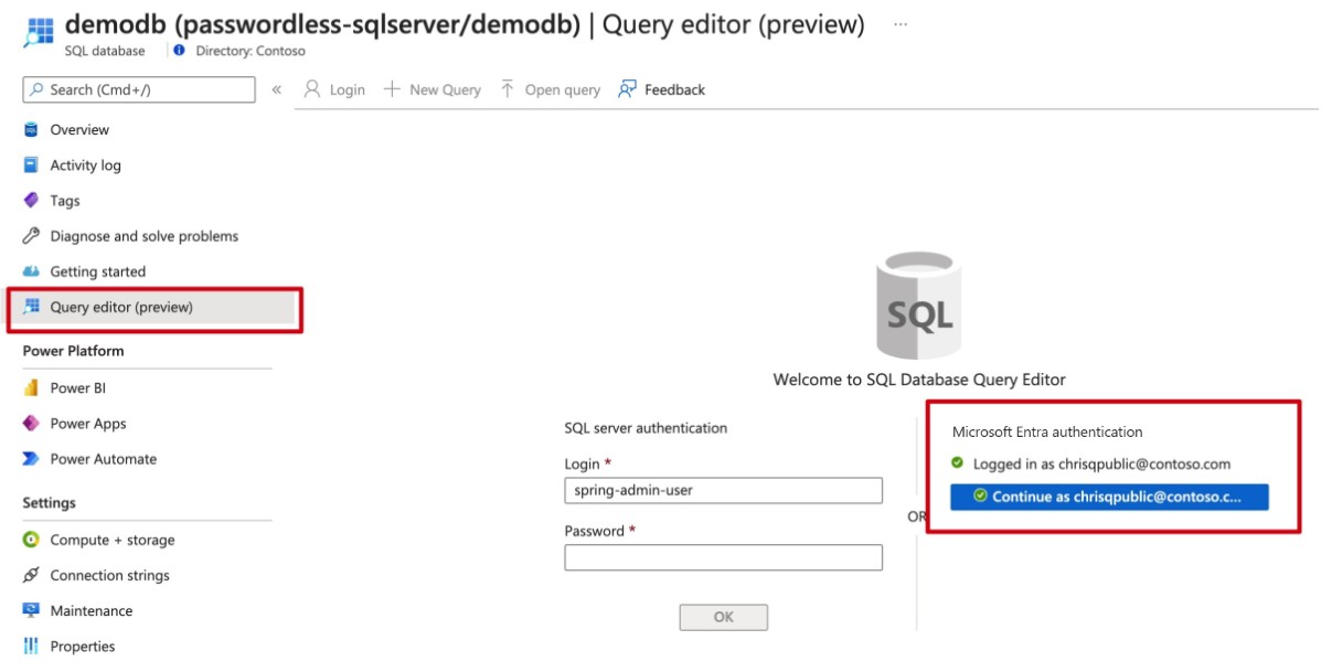 SQL Database クエリ エディターを示す Azure portal のスクリーンショット。