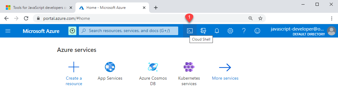 Azure portal を使用する場合、ポータルの上部のナビゲーション バーから Azure CLI を使用できる。