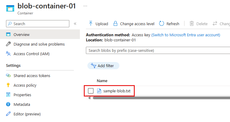 BLOB コンテナーの Azure portal ページに表示されるアップロード済みのファイル