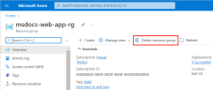 Azure portal 内でリソース グループを削除する方法を示すスクリーンショット。