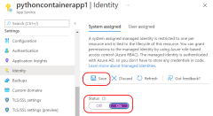 Azure portal のスクリーンショット。App Service のマネージド ID を有効にする方法が示されています。