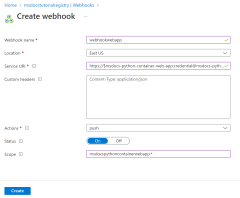 Azure portal のスクリーンショット。Azure Container Registry の Webhook を作成する方法が示されています。