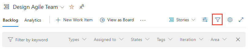 バックログ フィルター ツール バーのスクリーンショット。