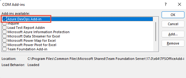 [COM アドイン] ダイアログのスクリーンショット。Team Foundation アドインがオンになっています。