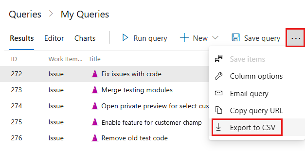 [CSV にエクスポート] オプションが選択されているクエリの作業項目を示すスクリーンショット。