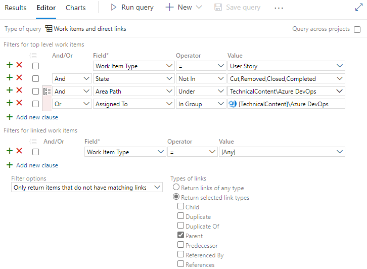 Web ポータルのクエリ エディター、作業項目、直接リンクでの親のないユーザー ストーリーのスクリーンショット。