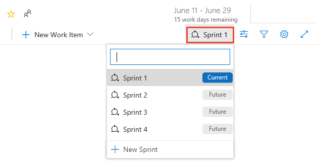 Azure Boards で別のスプリントを選択するオプションを示すスクリーンショット。