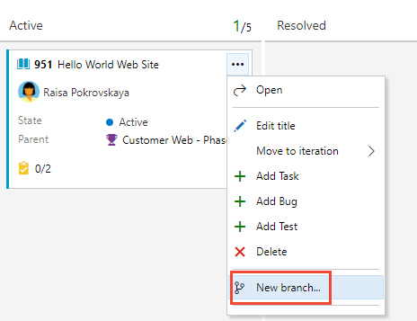 Screenshot of Kanban board card, menu, choose New branch option.