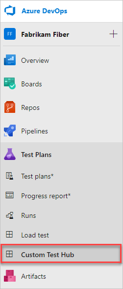 Azure Test Plans に追加されたカスタム ハブ。