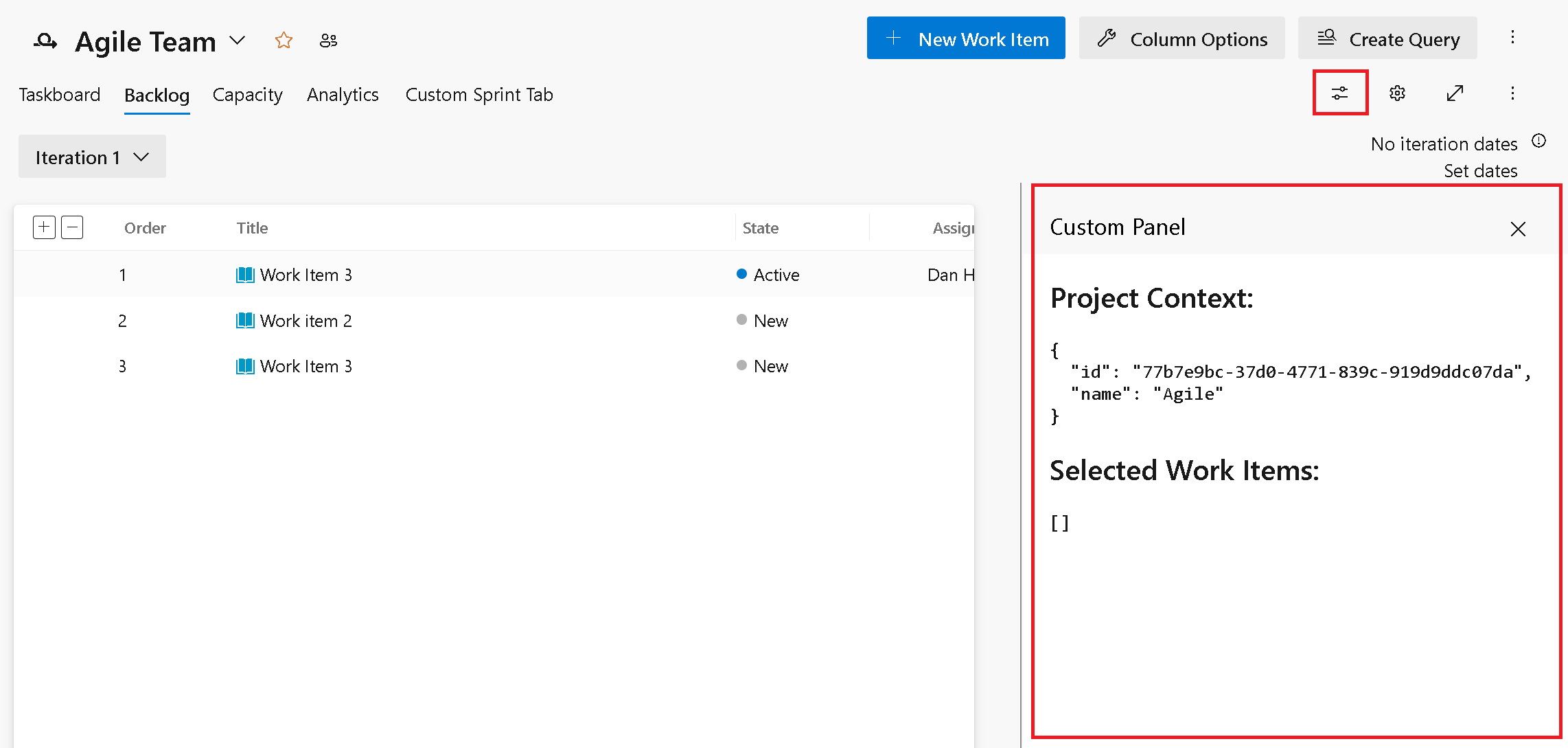 イテレーション バックログのカスタム ウィンドウのスクリーンショット。