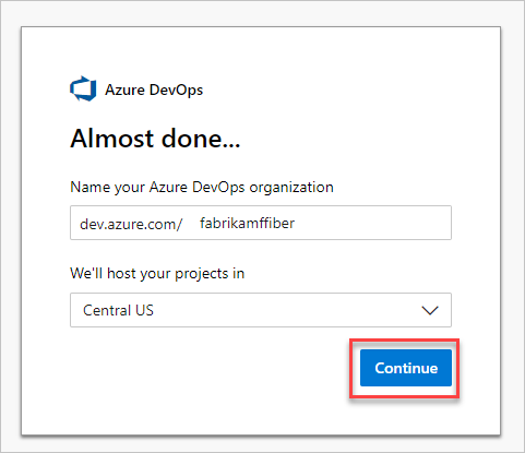 [続行] ボタンが強調表示されている Azure DevOps での組織の作成を示すスクリーンショット。