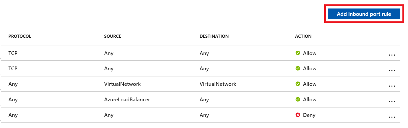 SQL Azure VM ネットワーク インターフェイス ページの [受信ポート規則の追加] ボタンのスクリーンショット。