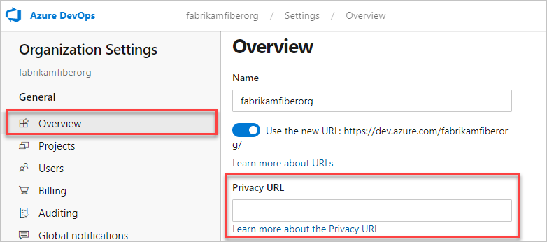 組織の設定でプライバシー ポリシーの URL を追加できる場所を示すスクリーンショット