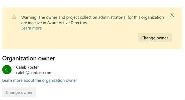 Screenshot of warning, PCA and Owner inactive in Microsoft Entra ID.
