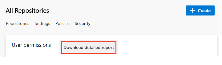 [すべてのリポジトリ]、[セキュリティ] ページ、[詳細なレポートのダウンロード] ボタンのスクリーンショット。
