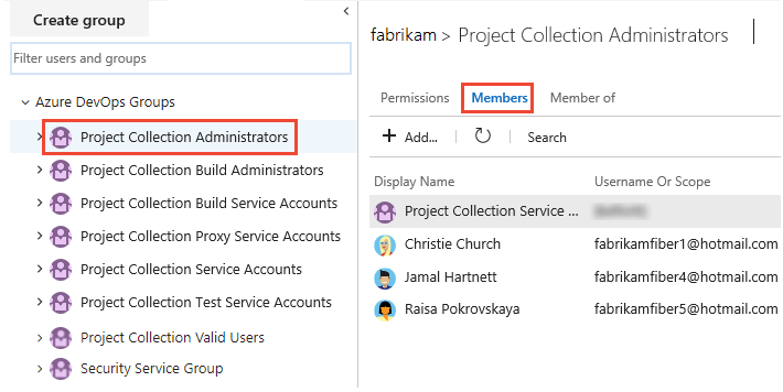 [セキュリティ]、[Project Collection Administrators]\(プロジェクト コレクション管理者\) グループ、[メンバー] タブを示すスクリーンショット。