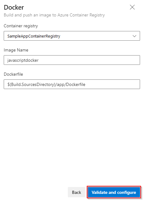 イメージをビルドして Azure Container Registry にプッシュするように Docker パイプラインを構成する方法を示すスクリーンショット