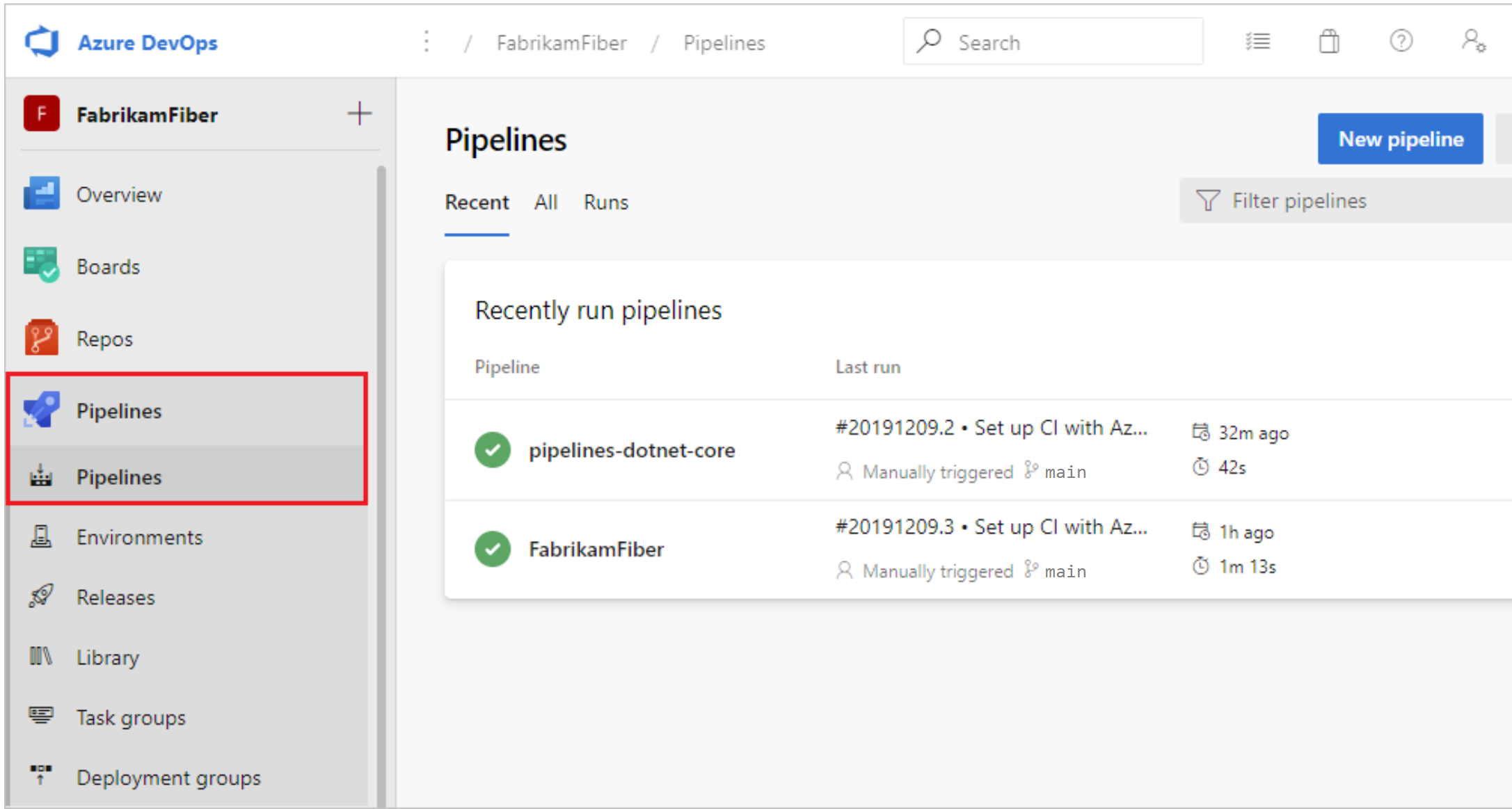 Azure Pipelines の概要のスクリーンショット。