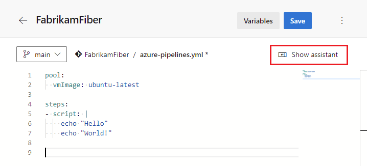 YAML パイプラインを編集するタスク アシスタントを表示する。