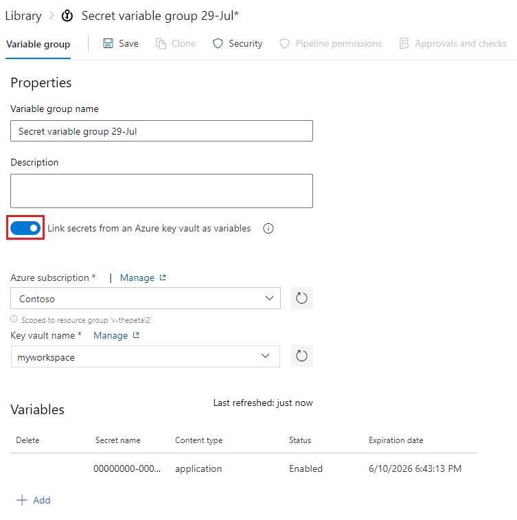 Screenshot of variable group with Azure key vault integration.