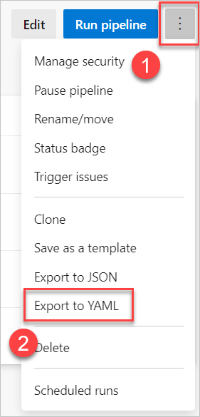 YAML にパイプラインをエクスポートするための、コンテキスト メニューのスクリーンショット。