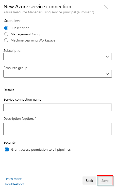新しい Azure Resource Manager サービス接続フォームを示すスクリーンショット。