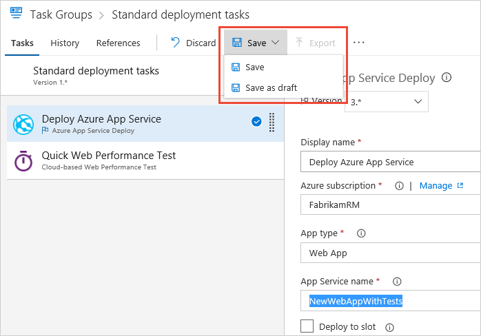 Screenshot that shows saving a draft update to a task group.