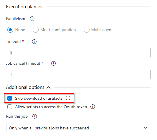 Azure DevOps サーバーのクラシック リリース パイプラインで成果物の自動ダウンロードをスキップする方法を示すスクリーンショット。