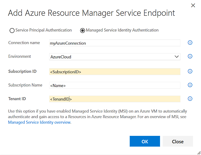 [Azure Resource Manager サービス エンドポイントの追加] ダイアログ