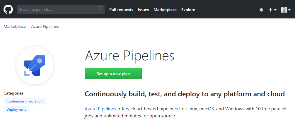 GitHub Marketplace の Azure Pipelines アプリ