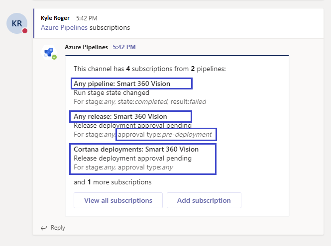 Microsoft Teams用の Azure Pipelines アプリで一括サブスクリプションを作成します。