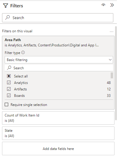 Power BI フィルターのスクリーンショット。[エリア パス] を選択します。