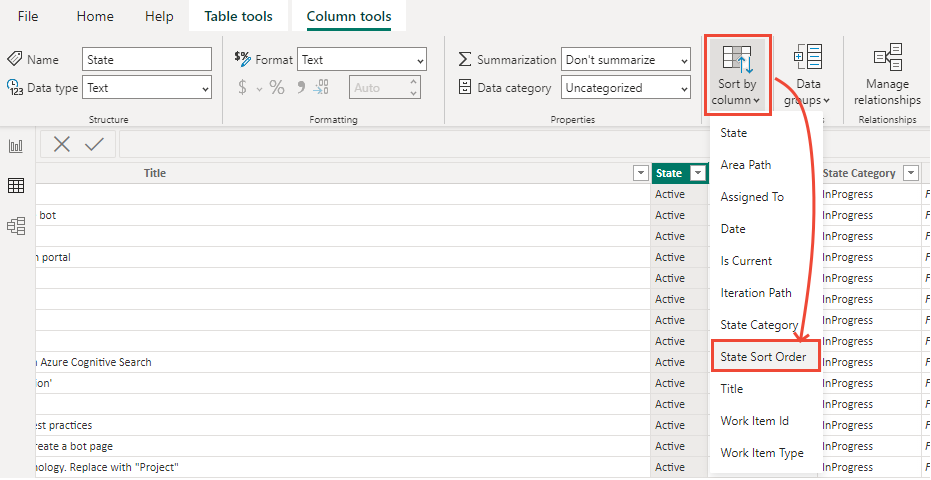 Power BI の [列ツール] タブの [列で並べ替え] の選択のスクリーンショット。