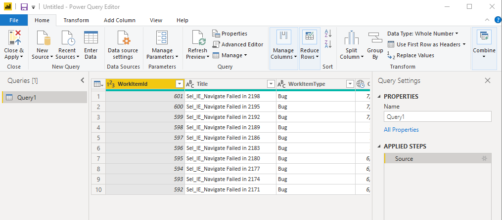 Power BI OData フィードPower Query エディター開かれていることを示すスクリーンショット。