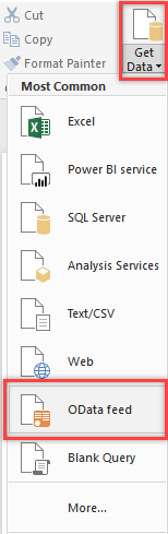 Power BI OData フィード コマンドを示すスクリーンショット。