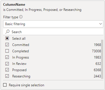 ColumnName の Power BI フィルターのスクリーンショット。