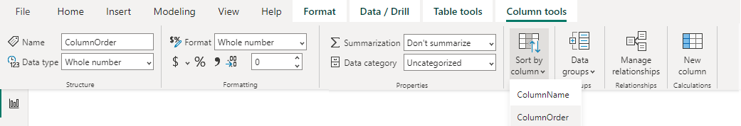 Power BI 列ツールの [列で並べ替え] の選択のスクリーンショット。