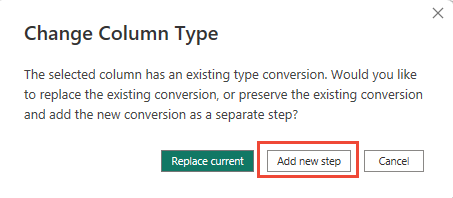 [Power BI 変換] メニューの [列の種類の変更] ダイアログのスクリーンショット。